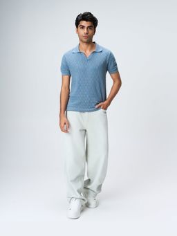 House of Namah - Powder Blue Brickline Cotton Regular V-Polo T-Shirt