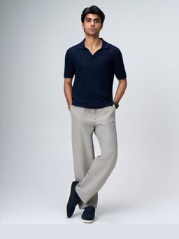 House of Namah - Midnight Blue Luxe Open-Knit Cotton Regular V-Polo T-Shirt