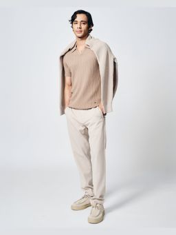 House of Namah - Beige Drop Needle Cotton Bamboo Regular V-Polo T-Shirt