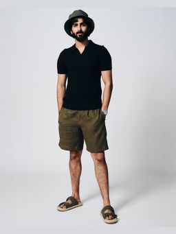 House of Namah - Ink Black Drop Needle Cotton Bamboo Regular V-Polo T-Shirt