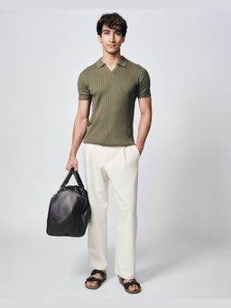 House of Namah - Khaki Green Drop Needle Cotton Bamboo Regular V-Polo T-Shirt