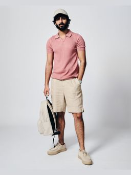 House of Namah - Clay Pink Drop Needle Cotton Bamboo Regular V-Polo T-Shirt