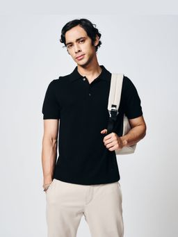 House of Namah - Ink Black Waffle Cotton Bamboo Regular B-Polo T-Shirt