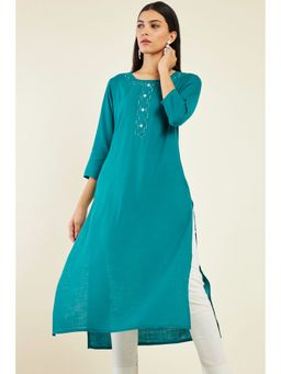 Soch - Women Teal Rayon Solid/plain Kurta