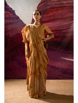 Banana Labs - Aurum Brown Block Arizona Mustard Saree with Stitched Blouse