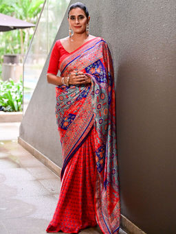 Ambar Taara - Sindhoor Red Blue Satin Georgette Saree with Unstitched Blouse