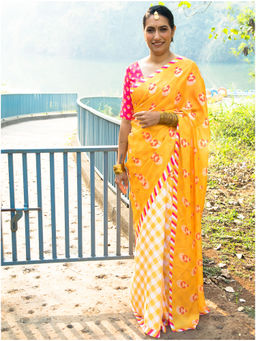 Ambar Taara - Sunheri Yellow Checks Satin Georgette Saree with Unstitched Blouse