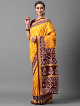 Odette - Yellow Festive Silk Blend Printed Saree with Unstitched Blouse
