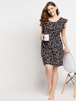 Clovia - Florals Print Short Nightdress With Pocket in White- Rayon