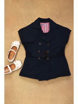 One Friday - Kids Girls Navy Blue Cap Sleeve Cotton Jacket with Belt (Set of 2)