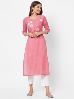 Kami Kubi - Women Pink Cotton Floral Printed Kurta