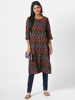 Kami Kubi - Women Black Straight Fit Cotton Ikat Print Kurta