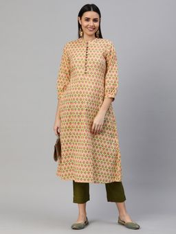 Kami Kubi - Women Yellow Floral Printed Mandarin Neck Cotton Kurta