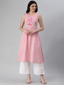 Kami Kubi - Women Pink Flared Stripes Cotton Thread Work Kurta