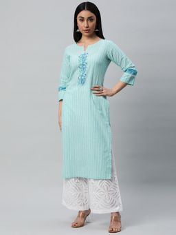 Kami Kubi - Women Blue Cotton Stripes Printed Thread Work Kurta