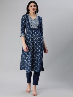Kami Kubi - Women Navy Blue Straight Fit Cotton Beads Detailing Kurta