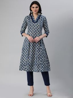 Kami Kubi - Women Navy Blue Bagru Printed Embroidered Kurta