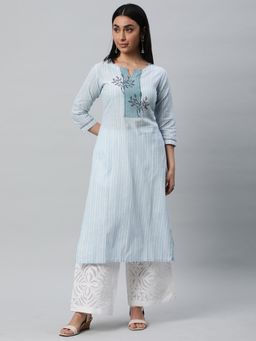 Kami Kubi - Women Blue Cotton Stripes Printed Embroidered Kurta