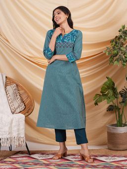 Kami Kubi - Women Blue A Line Stripes Printed Mirror Work Kurta