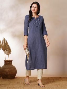 Kami Kubi - Women Navy Blue Straight Cotton Stripes Mirror Work Kurta
