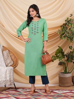 Kami Kubi - Women Green Cotton Embroidered Thread Work Kurta