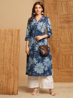 Kami Kubi - Women Navy Blue A-Line Dhabu Floral Print Kurta