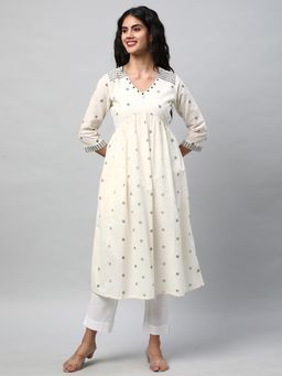 Kami Kubi - Women Off White Cotton Jamdani Print Mirror Work Flared Kurta