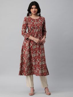 Kami Kubi - Women Red A Line Cotton Floral Printed Thread Detail Kurta
