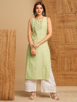 Kami Kubi - Women Green Straight Cotton Stripes Embroidered Details Kurta