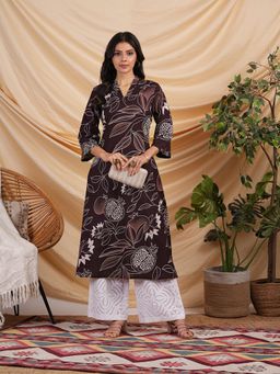 Kami Kubi - Women Brown Cotton Printed Beads Work Kurta