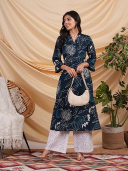 Kami Kubi - Women Navy Blue Cotton Printed Beads Work Kurta
