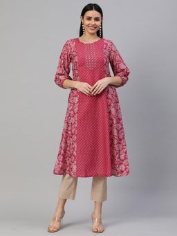Kami Kubi - Women Pink A Line Silk Blend Printed Mirror Work Kurta