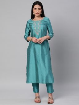 Kami Kubi - Women Blue Straight Fit Silk Blend Embroidered Kurta