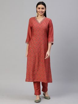 Kami Kubi - Women Rust Silk Blend Straight Fit Printed Embroidered V-Neck Kurta