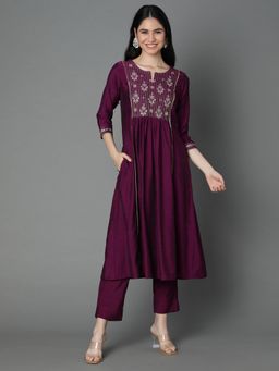 Kami Kubi - Women Wine A Line Zari Embroidered Kurta
