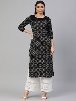 Kami Kubi - Women Black Straight Fit Cotton Block Printed Kurta