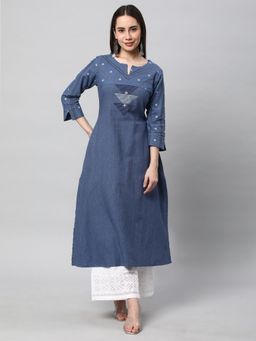 Kami Kubi - Women Navy Blue A Line Cotton Woven Hand Embroidery Kurta