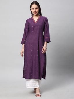 Kami Kubi - Women Purple Straight Cotton Embroidered Mirror Work Kurta