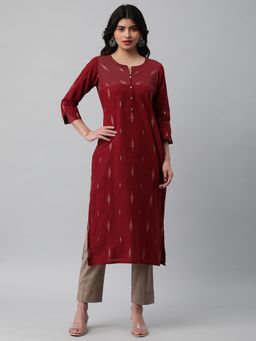 Kami Kubi - Women Maroon Straight Woven Thread Work Cotton Kurta
