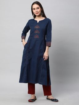 Kami Kubi - Women Navy Blue A Line Cotton Printed Mirror Work Kurta