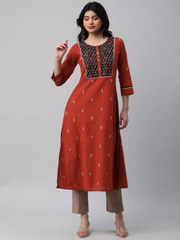 Kami Kubi - Women Rust A Line Dobby Printed Yoke Mirror Work Kurta
