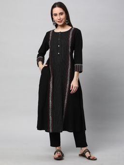 Kami Kubi - Women Black A Line Cotton Stripes Printed Kurta