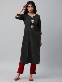 Kami Kubi - Women Black Straight Cotton Woven Embroidered Kurta