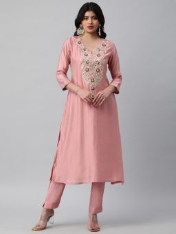 Kami Kubi - Women Peach A Line Embroidered Sequined Detail Kurta