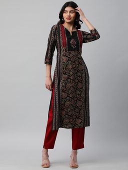 Kami Kubi - Women Black Straight Floral Print and Sequined Handwork Kurta