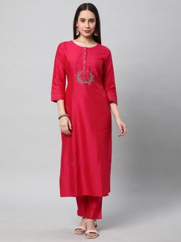 Kami Kubi - Women Pink Viscose Straight Embroidered Sequined Kurta