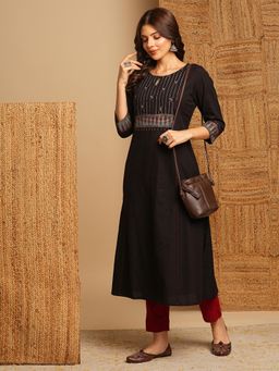 Kami Kubi - Women Black A-Line Printed Mirror Work Kurta
