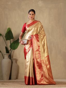 MEENA BAZAAR - Woven Art Silk Beige Saree without Blouse