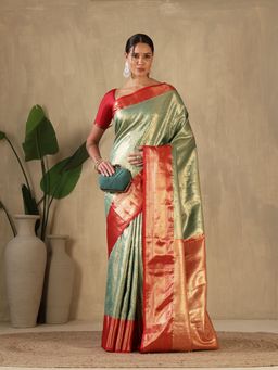 MEENA BAZAAR - Woven Art Silk Green Saree without Blouse