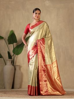 MEENA BAZAAR - Woven Art Silk Green Saree without Blouse